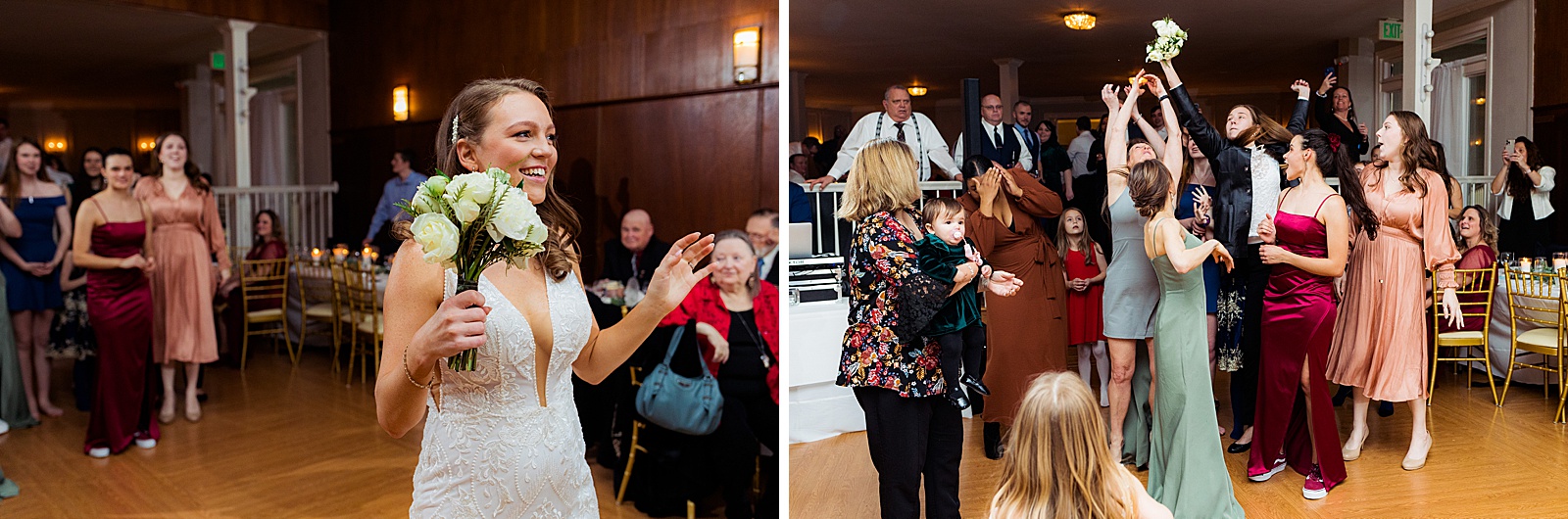 winter wedding at overhills mansion in Baltimore maryland bouquet toss