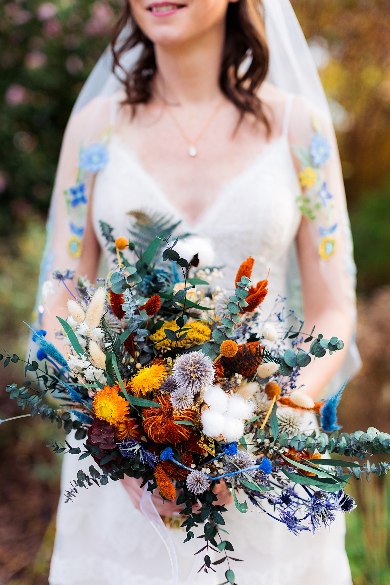 Detail shot of a beautiful fall wedding flower bouquet. 