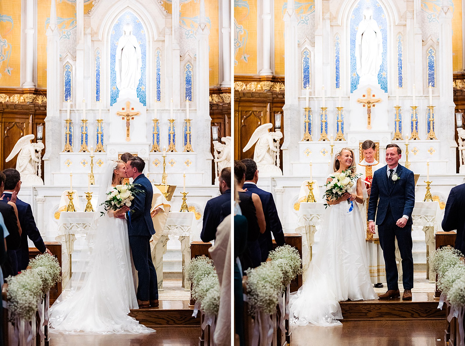 Bride and groom kiss at the alter before heading to the rest of their rainy Mount Vernon Inn Restaurant wedding.